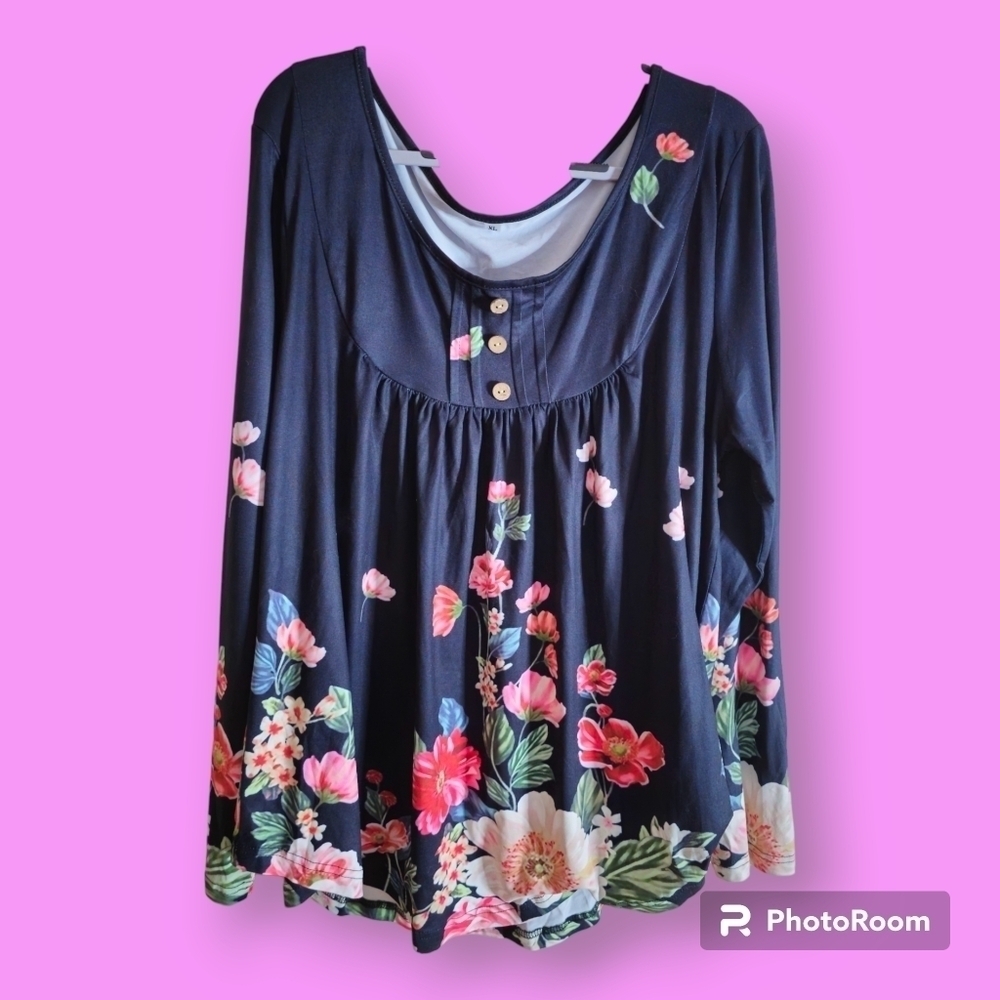 Women's Black Floral Casual Button Front Pleated Long-Sleeved Tunic Top Size XL